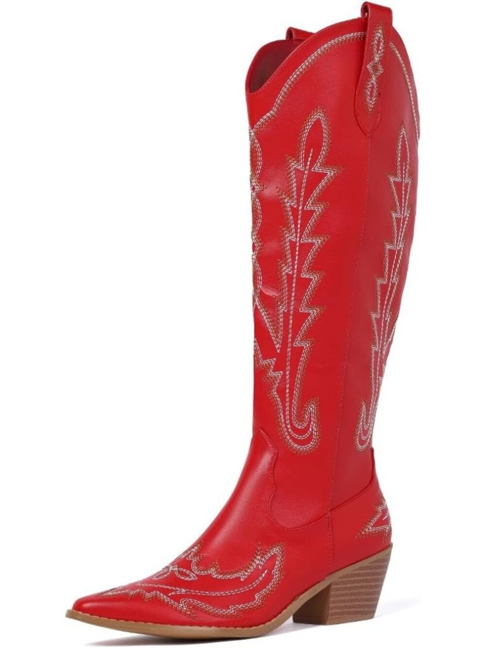 Women's Red Pointed Toe Western Cowgirl Knee High Boots Pull On With Zipper